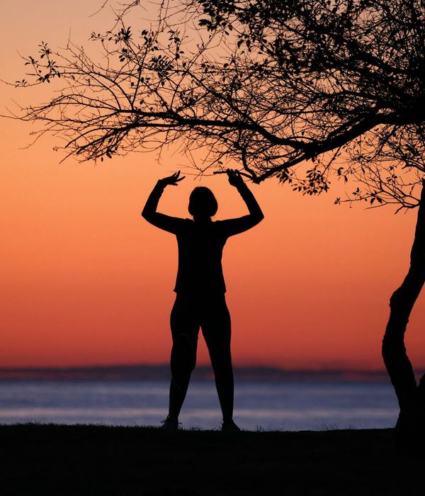 Silhouette of a person in a yoga tree pose against a sunset.